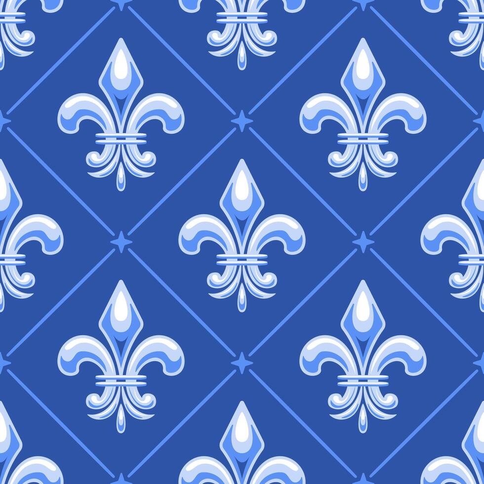 A seamless Mardi Gras-inspired background featuring a royal blue fleur-de-lis pattern complemented by diagonal patterns and dotted accents inspired by New Orleans culture vector