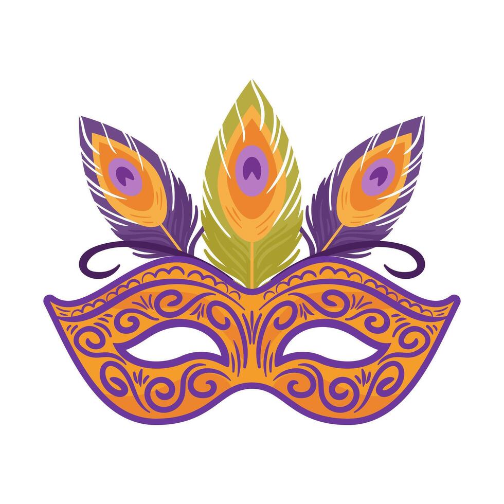 A colorful gold Venetian carnival mask adorned with colorful peacock feathers will brighten up your Mardi Gras celebration. illustration in flat style for sticker, postcard, design element vector