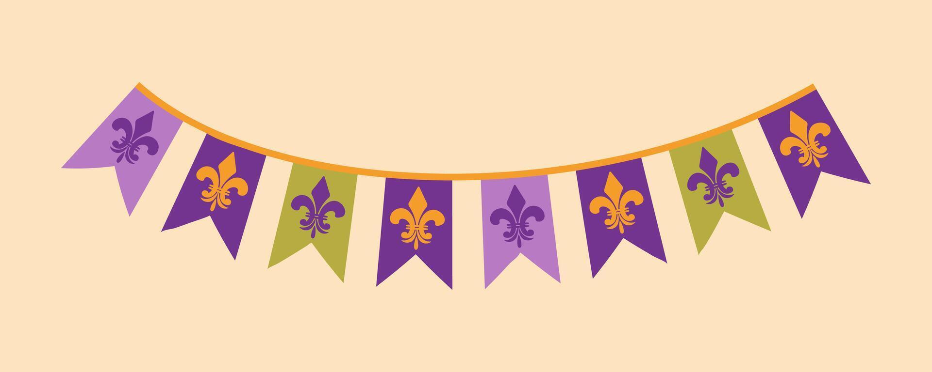 Garland for the Mardi Gras carnival from flags with a fleur-de-lis, a symbol of tradition. These graphics are ideal for design projects, showcasing intricate detail and a classic style ideal for a vector