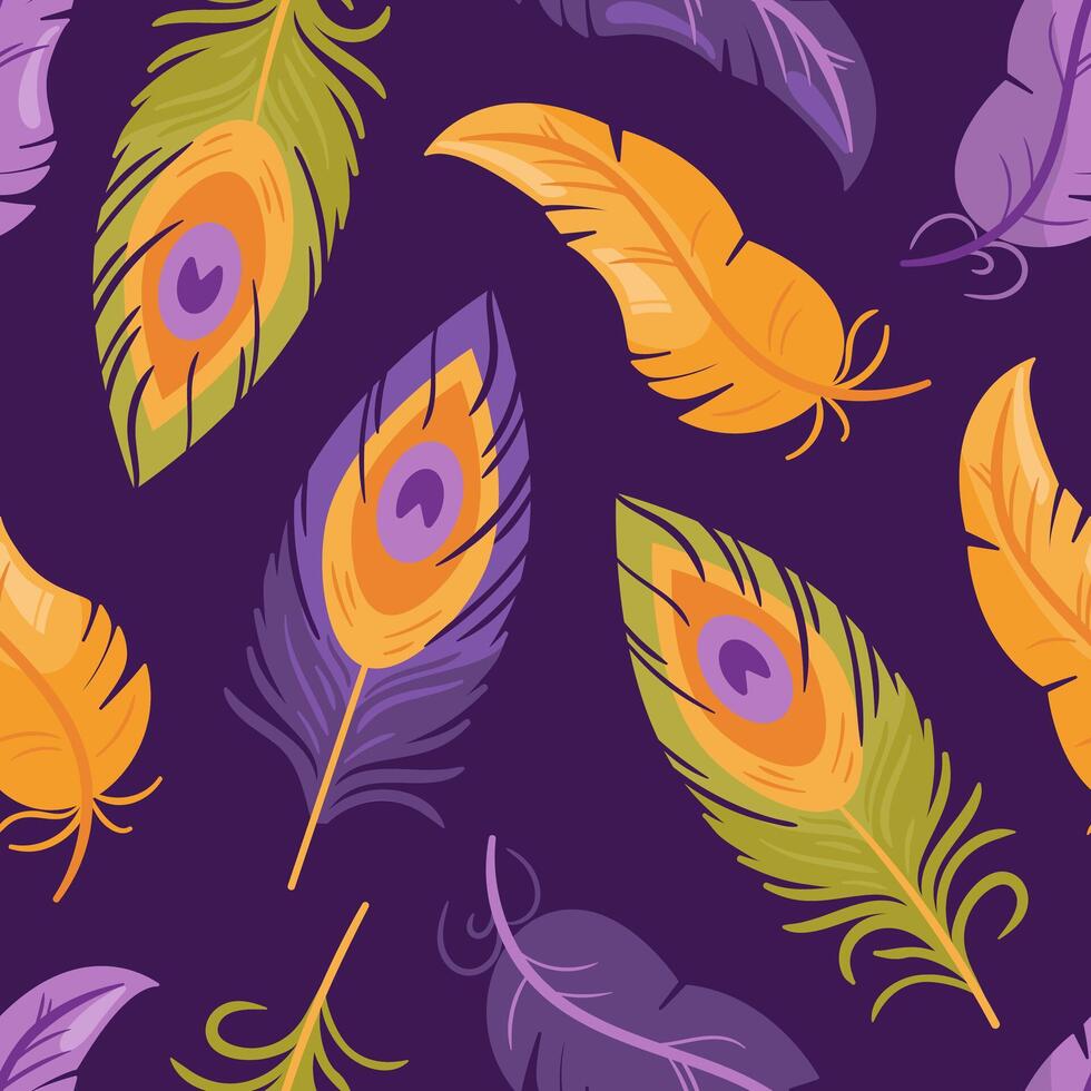 Bright seamless pattern of multi colored peacock and parrot feathers in boho style. This illustration showcases intricate details and flowing design, ideal for creative projects or home decor. vector