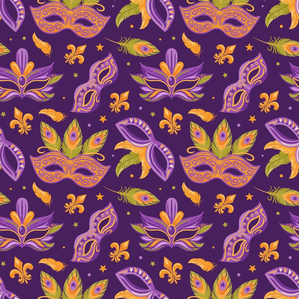 Bright carnival masks decorated with colorful feathers and fleur de lis for Mardi Gras celebrations. Seamless pattern. illustration in flat style is ideal for wallpaper, textile, background. vector
