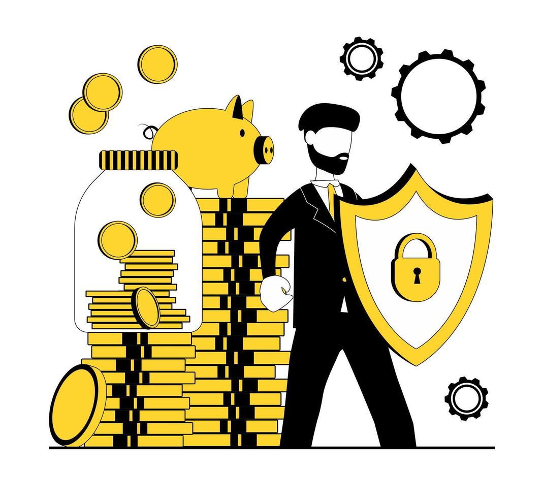 Save the money. A man holds a shield and protects his money vector
