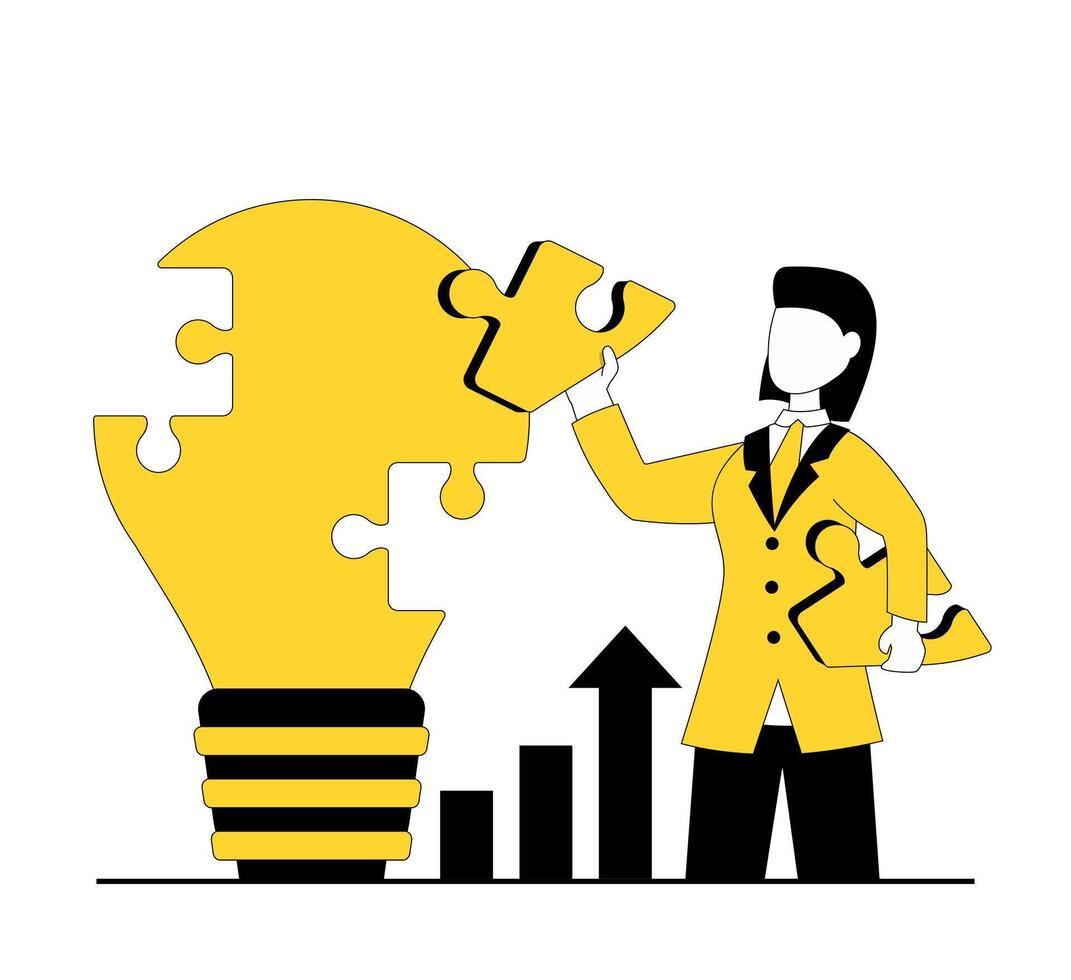 Business Idea. A businessman assembles a light bulb from puzzles vector