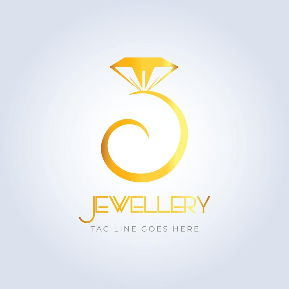 Jewellery shop logo, diamond ring, golden color, unique art, sparkle diamond, unique, creative idea, light blue background vector