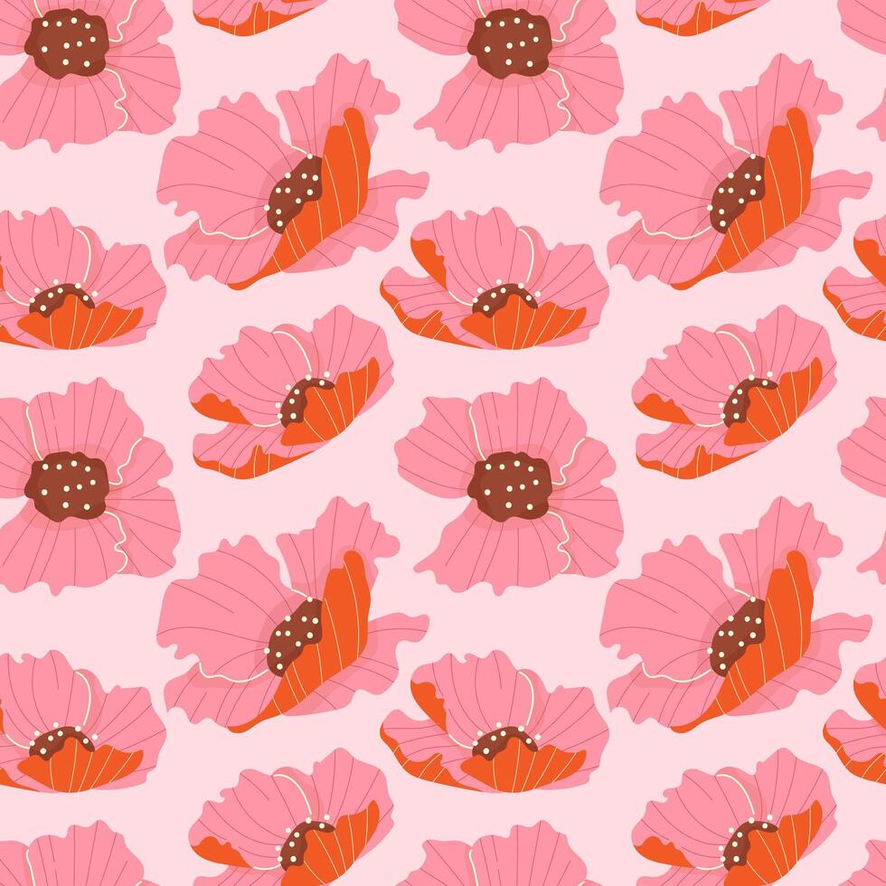 Seamless pattern with poppies on pink background vector