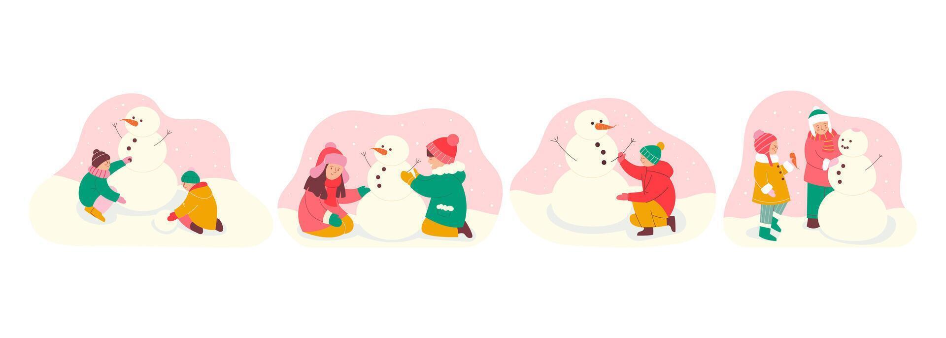 Winter children's activities. Children build a snowman. Set of illustrations vector