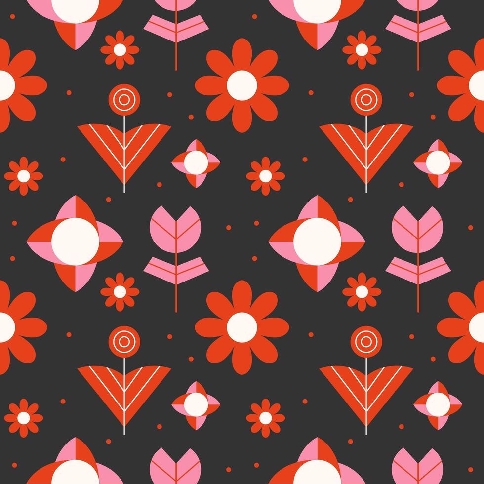 Seamless botanical pattern with minimalistic geometric flowers vector