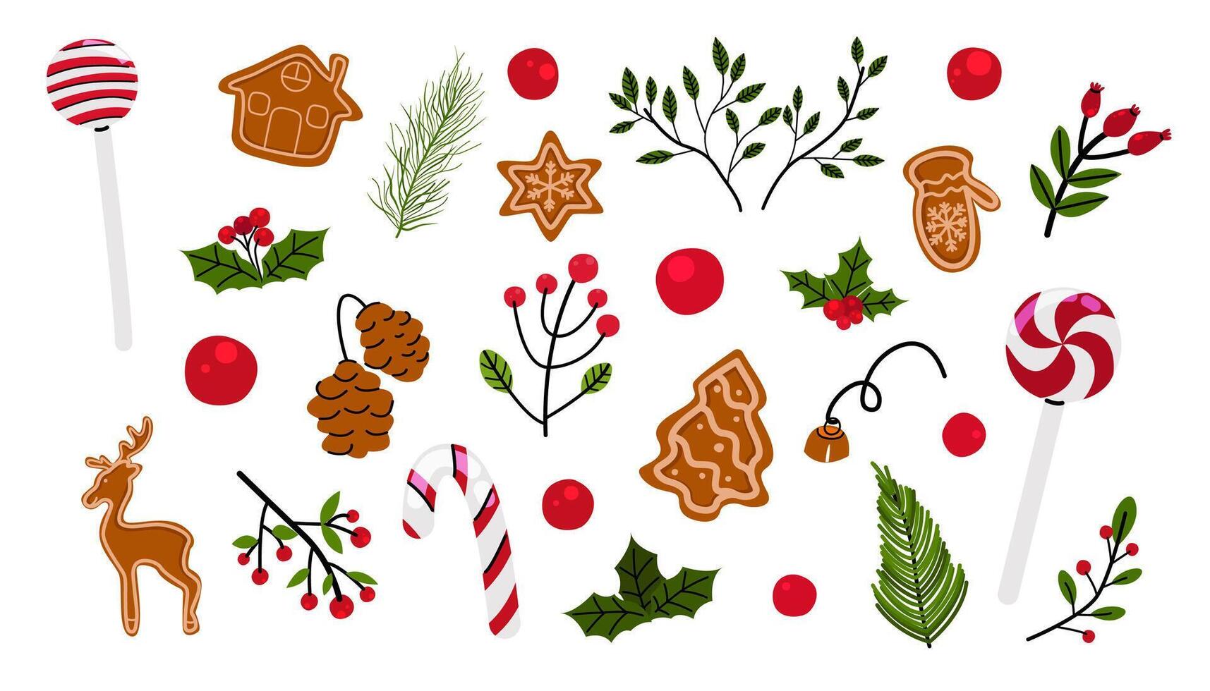 Set of New Year elements. Christmas flowers. Holly leaves and berries. Christmas plant for decoration vector