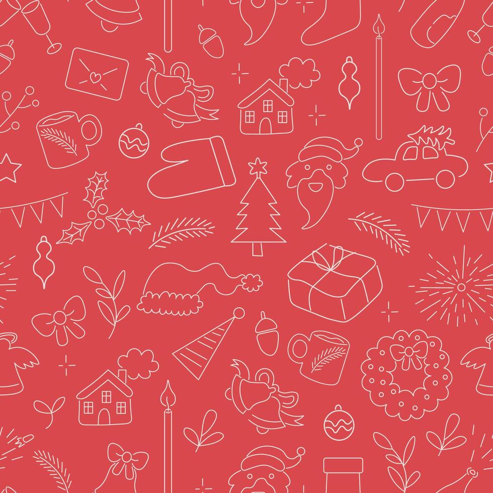 seamless pattern with Christmas linear doodle elements on red background vector