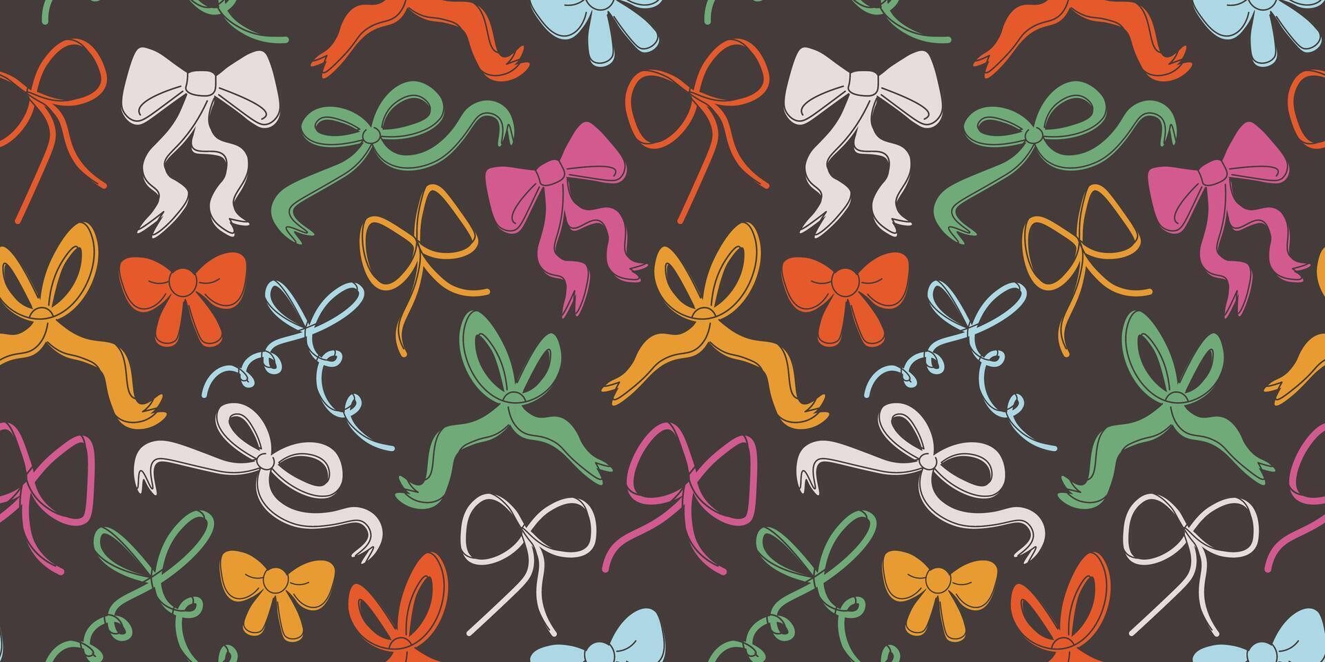 seamless pattern with colored ribbon bows in doodle style on black background vector