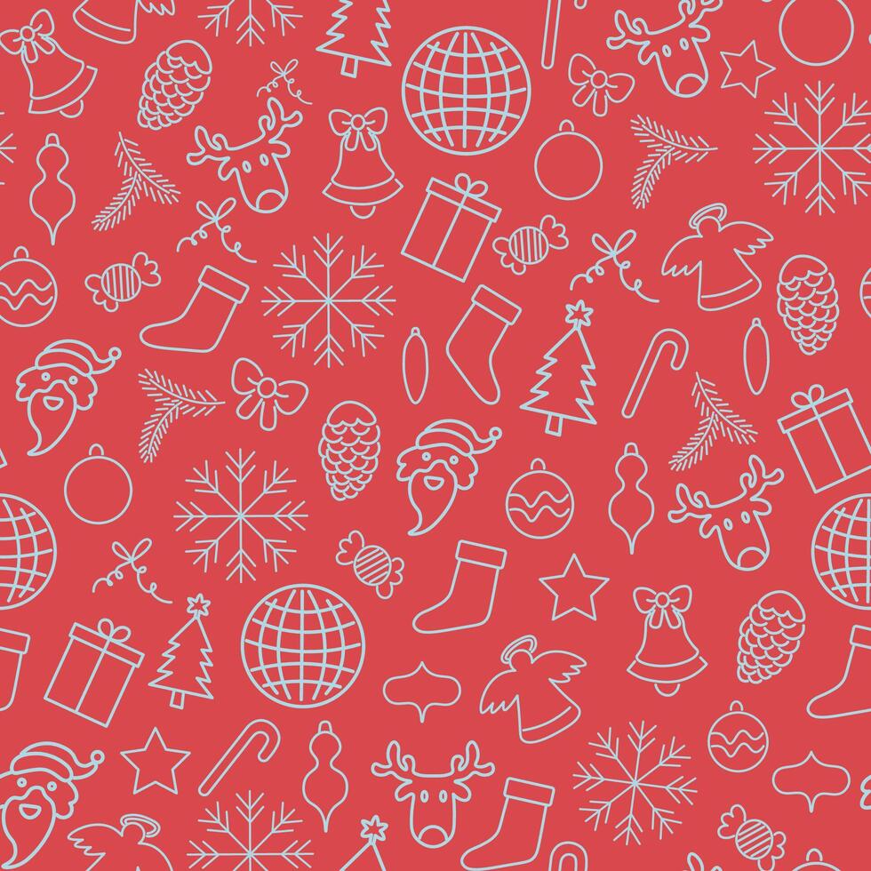 seamless pattern with Christmas linear doodle elements vector