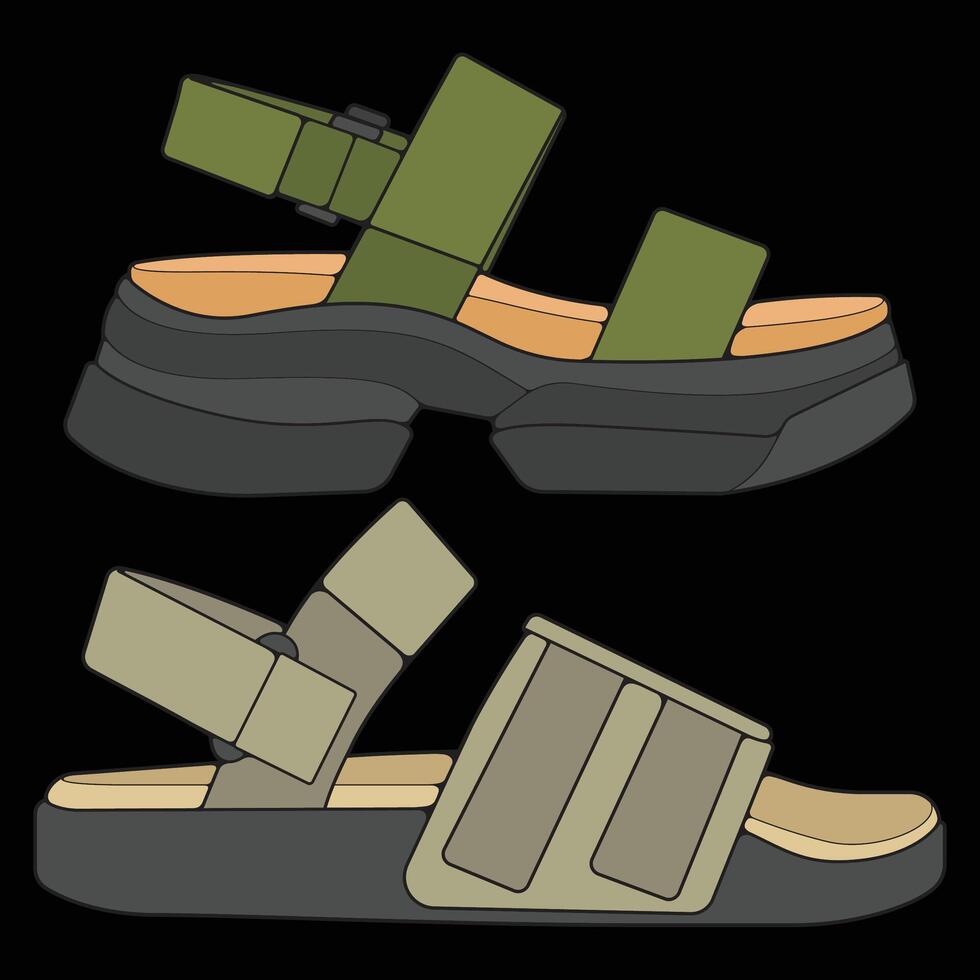 Bundling set modern sandal illustration coloring with black background. Modern sandal cartoon Isolated hand drawn. vector