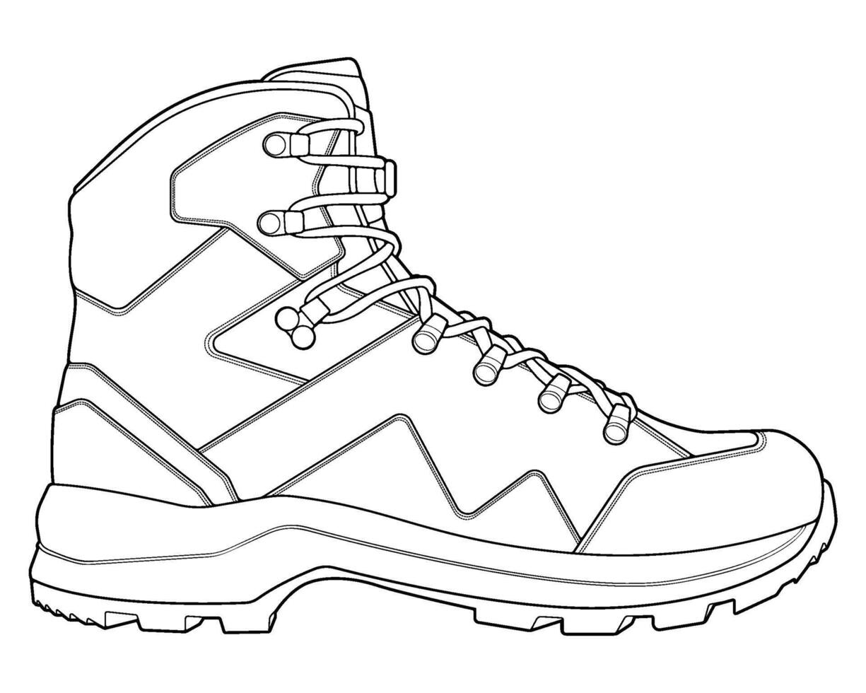 Hiking boots hand drawn illustration. line art boots. Side view hiking boots isolated with white background. vector