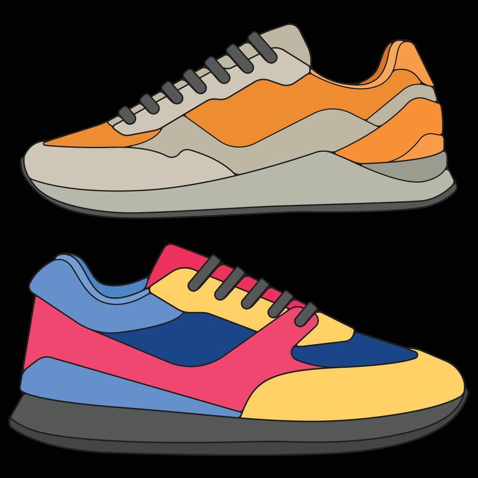 Bundling set modern sneakers shoes hand drawn, Modern sneakers shoe illustration. Sneakers full color isolated with black background. vector