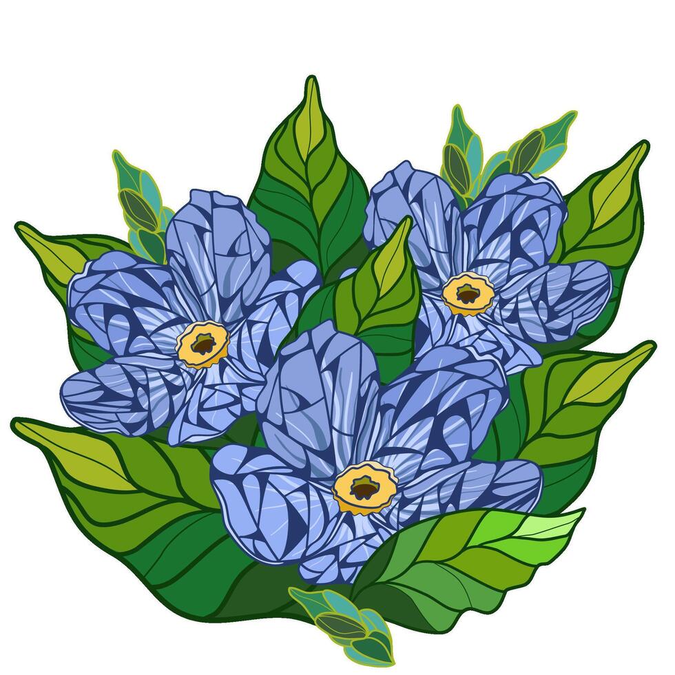Floral bouquet with tropical flowers and leaves in stained glass window technique vector