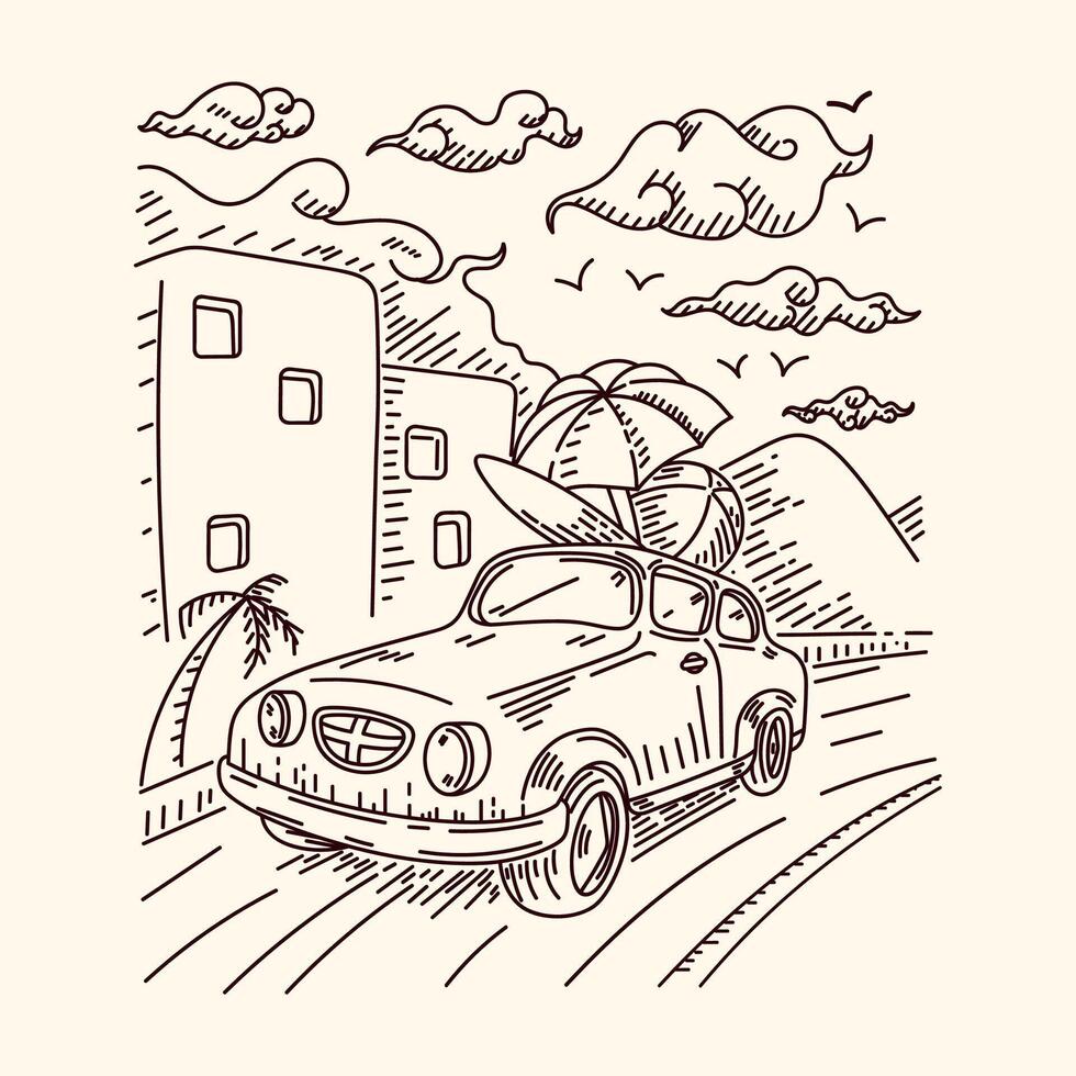 Illustration of retro car driving in tropical urban city, line art drawing for shirts or decorative paintings vector