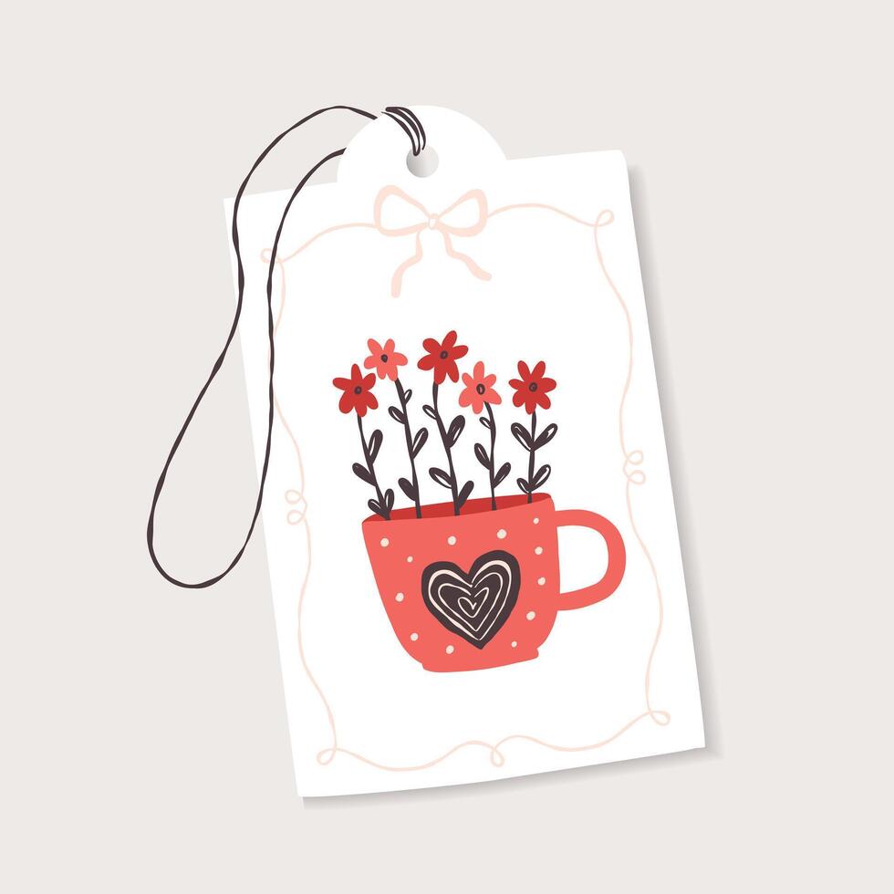 tag with red flowers in a cup for Valentine's Day, illustration in flat style vector
