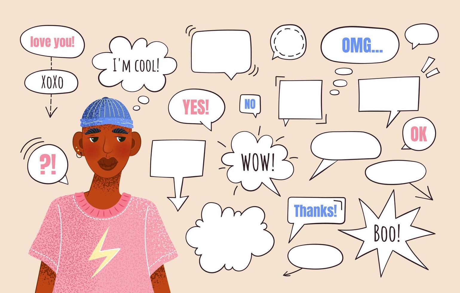 Set of doodle speech bubbles for communication or discussion. Hand drawn sketch elements. Think or talk clouds in different forms for social media and chats. Isolated objects. vector