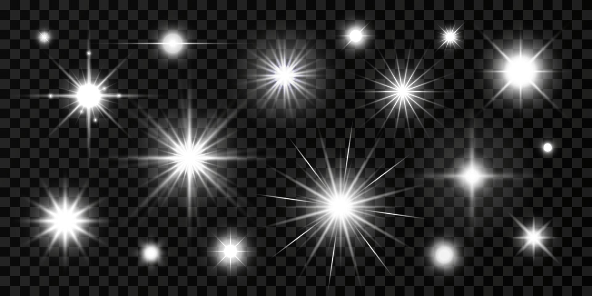 Light effect set with glowing white stars, sparks, flares, glares, sunrays. Isolated transparent highlight design elements on dark background for web, birthday, new year designs. vector
