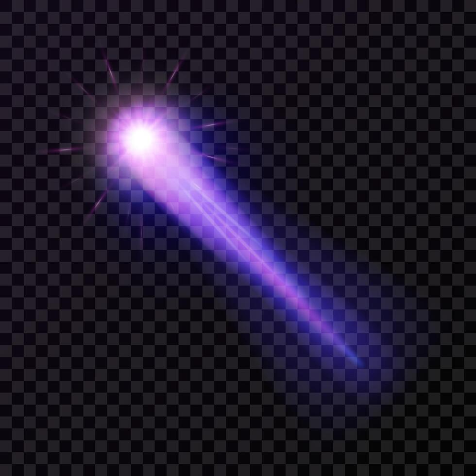 Light effect with a burning comet highlight, meteor, shooting star. A transparent purple design element. An isolated neon ray on a dark background. Perfect for space designs. vector