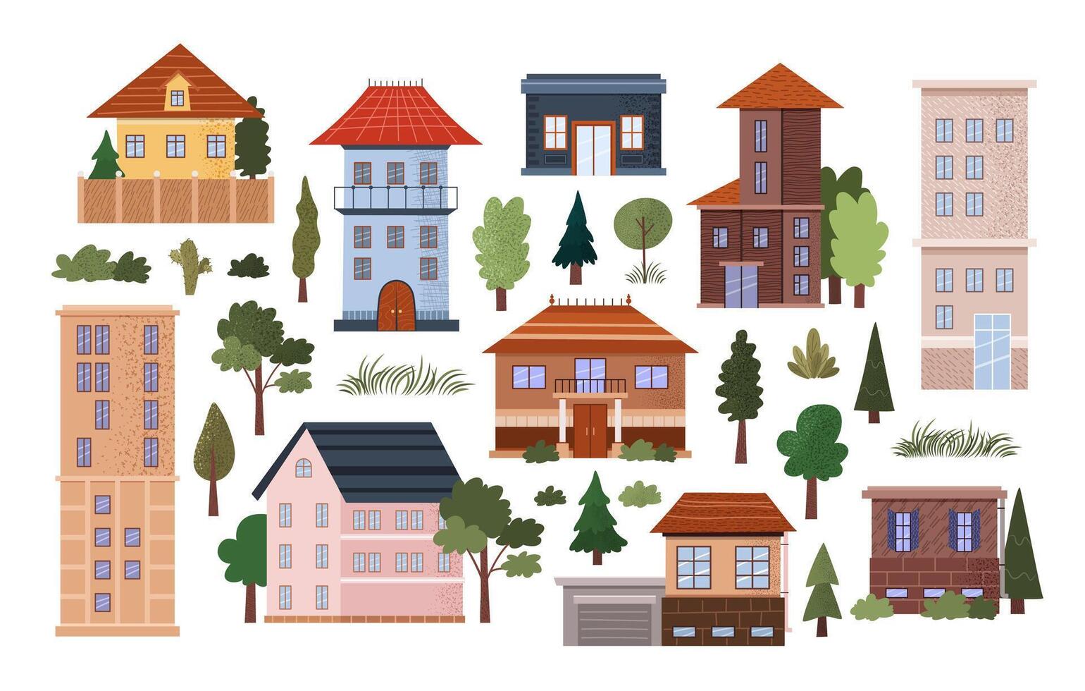 Set of different flat urban and countryside building icons, trees, bushes. Isolated skyscraper, apartment building, cottage, country house, villa. Flat illustrations of urban and suburban life. vector