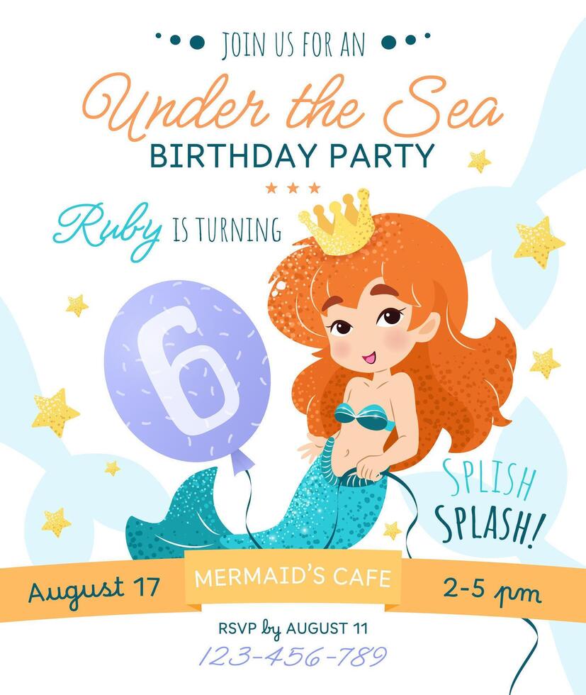 Mermaid birthday party invitation card. Vertical template with a mermaid princess and balloon with number 6 for a kids' party. Happy birthday and underwater concept. Celebrating a sixth anniversary. vector