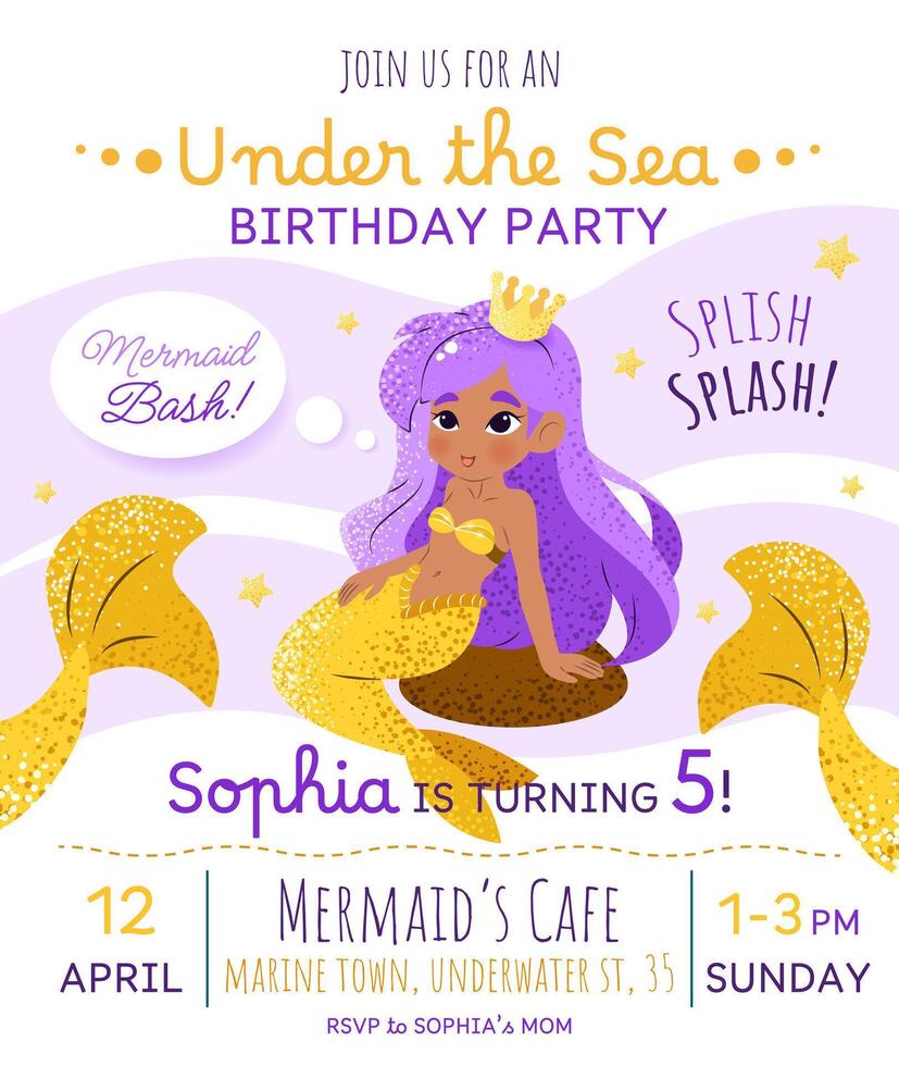 Mermaid birthday party invitation card. Vertical template with a mermaid princess and text for a kids' party. Happy birthday and underwater concept. Celebrating a fifth anniversary. vector
