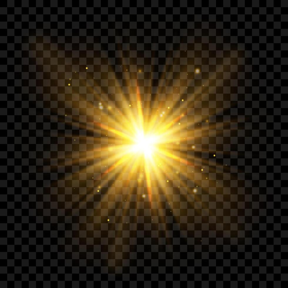 Transparent light effect. Golden sunlight, sun, laser beams, sunrays with flares and sparkles. Abstract isolated element for web, birthday, New Year, and festival designs. Bright illustration. vector
