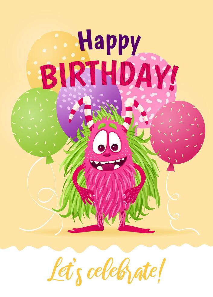 Happy Birthday greeting card with a cartoon fluffy monster and various balloons. A vertical festive postcard template for children. Birthday party concept, Halloween. vector