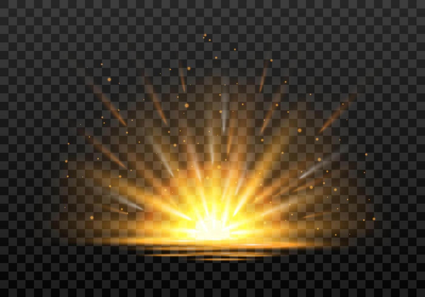 A bright golden light effect, sunrise, sunrays, burst, star. Highlights and multiple realistic rays. Isolated abstract effect on background for web designs, new year, birthday, festivals. vector