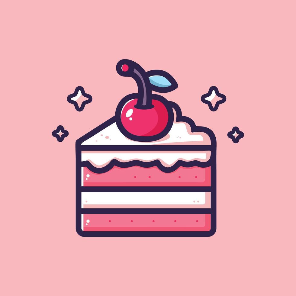 Birthday Cake Slice With Cherry Cartoon Icon Illustration Food Object Isolated Flat vector
