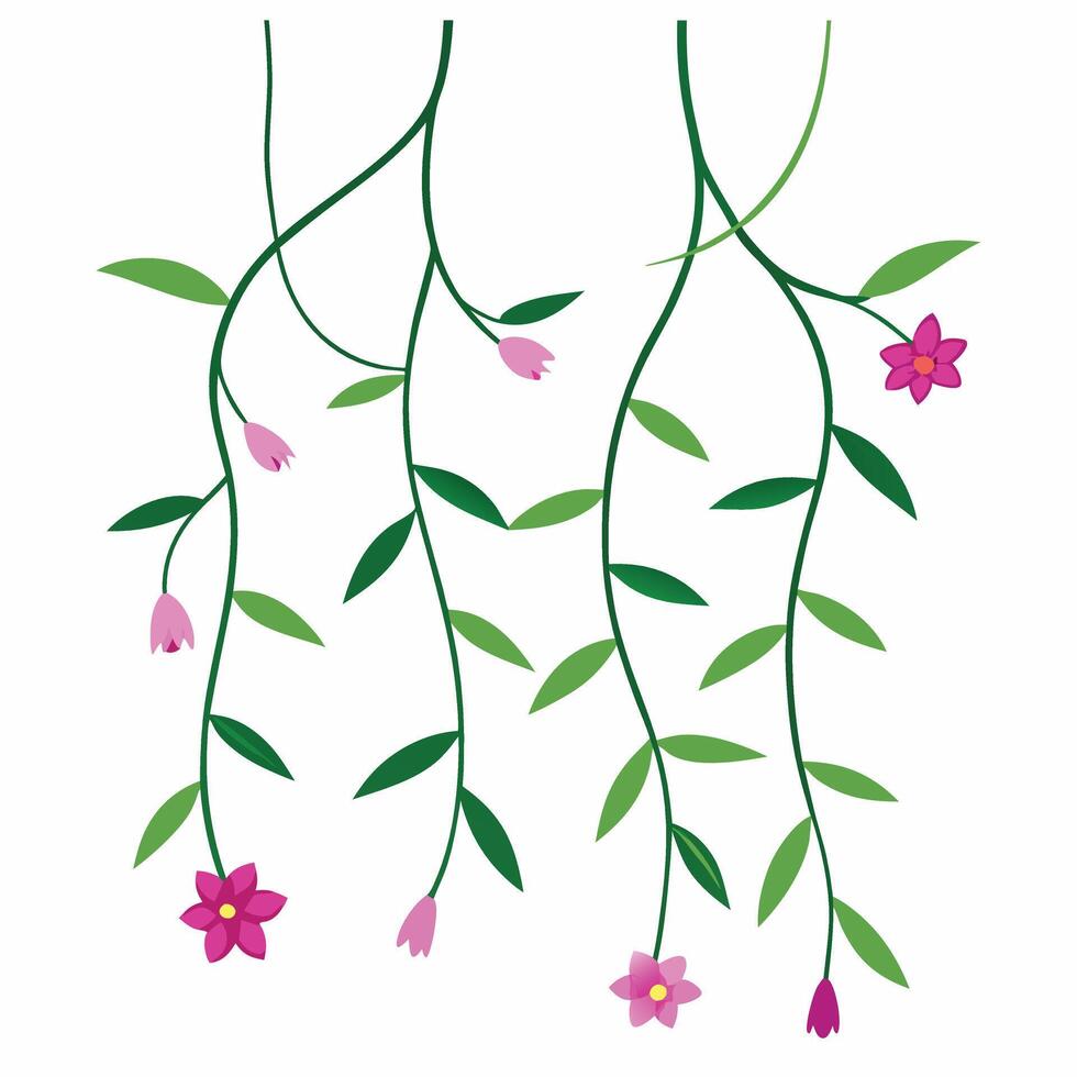 Green leaves and pink flowers hanging. vector