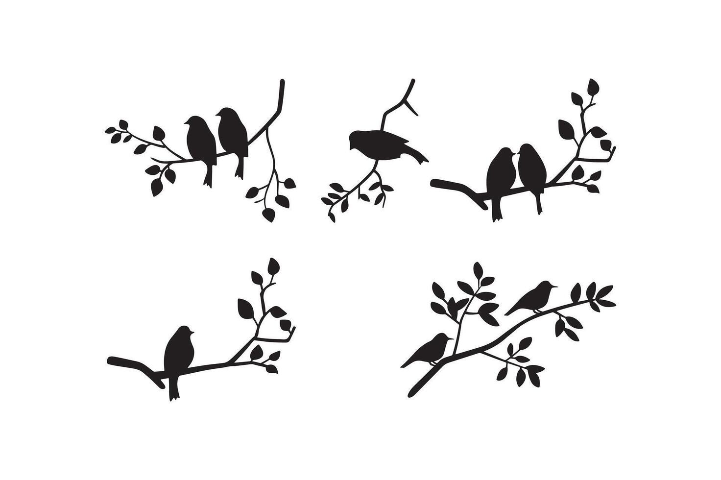 Set of birds at tree branches silhouettes. vector