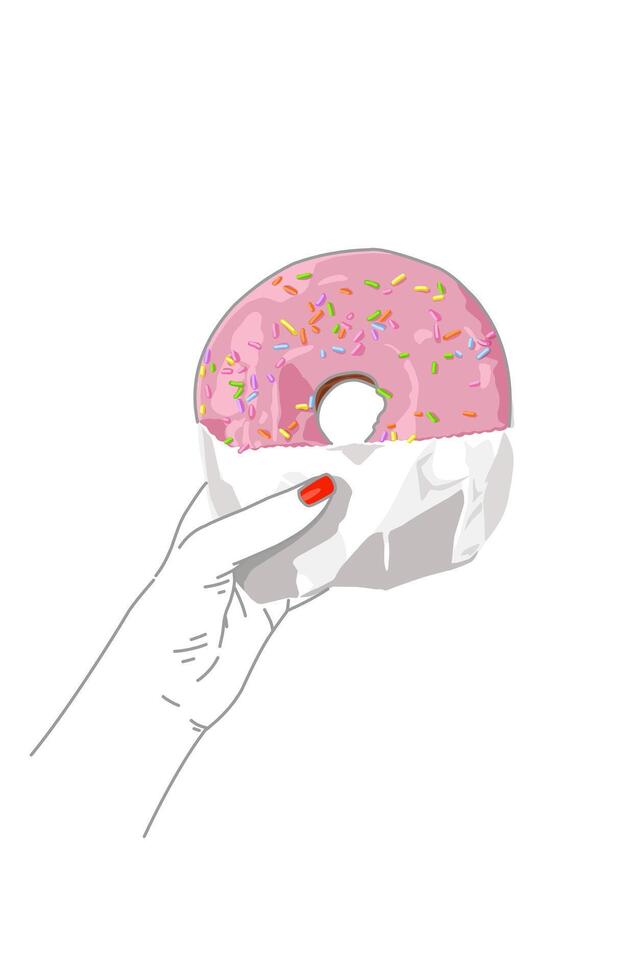 Hand holding a delicious donuts with strawberry glaze sprinkled with colorful chocolate sprinkles vector