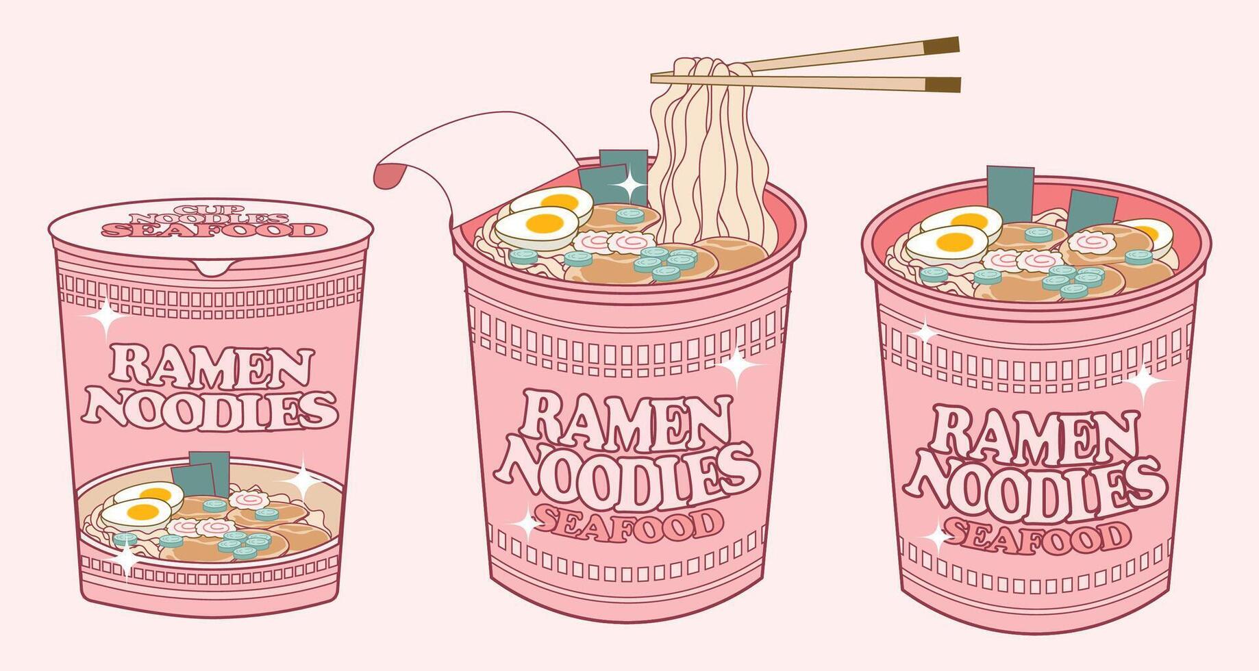 Ramen cup noodles flavored food pink aesthetic illustration vector
