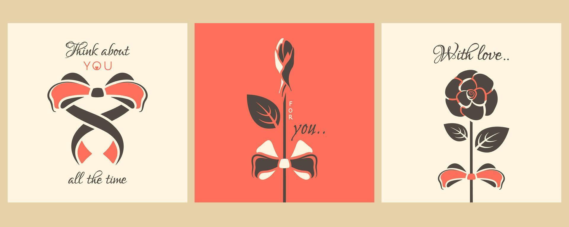 Set of posters with Valentine elements for 14 February holiday. Valentine concept. Beautiful flower, rosebud, bow in shape of heart, love text. Gift cards in retro style. flat illustration vector