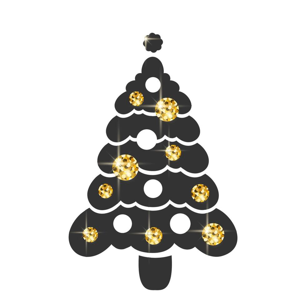 Christmas tree icon. Silhouette of Xmas tree with golden Christmas balls. Simple minimalist design for card, poster, Christmas background. Flat symbol for New Year decoration. illustration vector