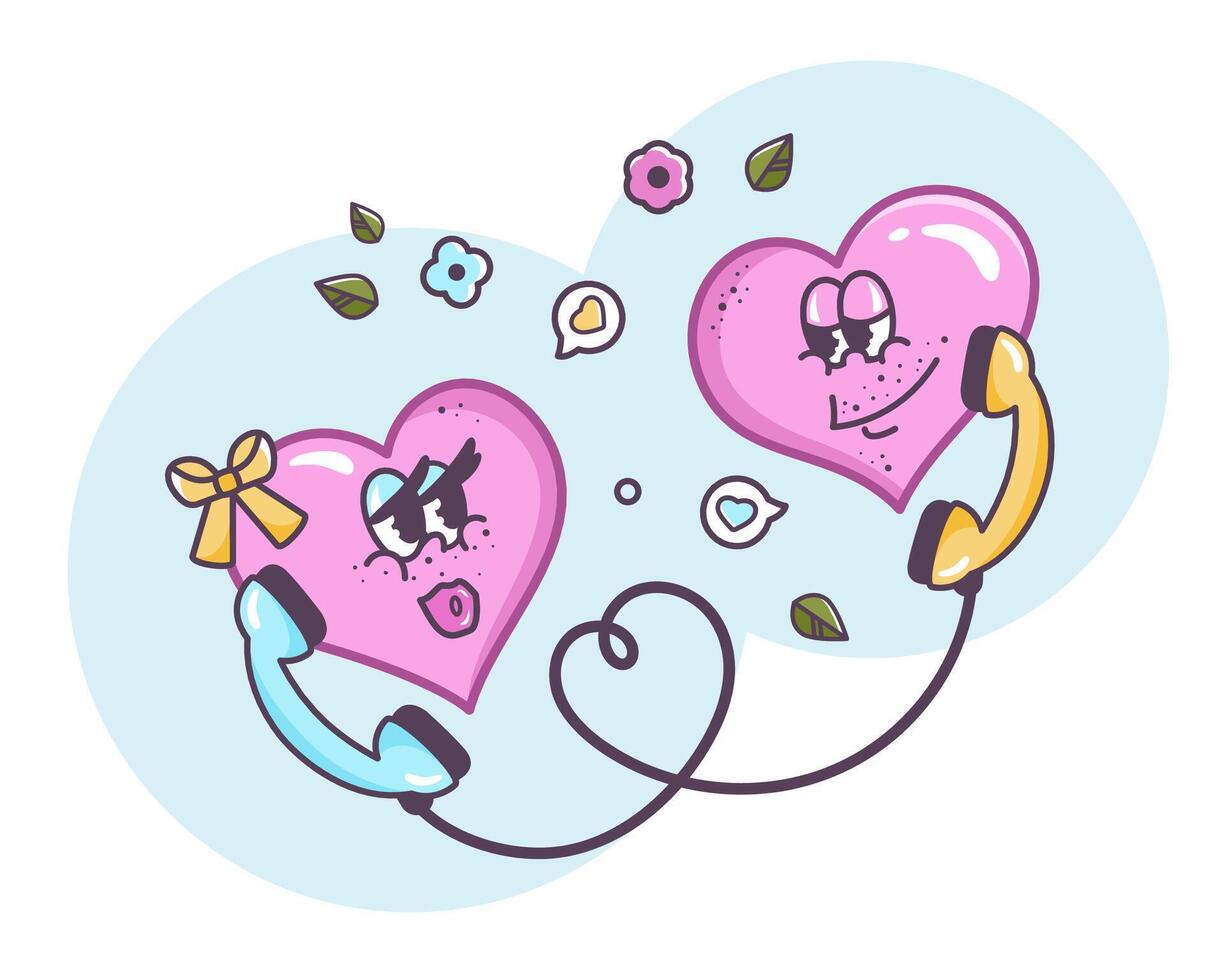 Valentine characters talking. Valentines love. Romantic message to each other. Flirting couple. Present woman concept. Hand drawn outline design in Retro style. Groovy hearts in cartoon style. vector