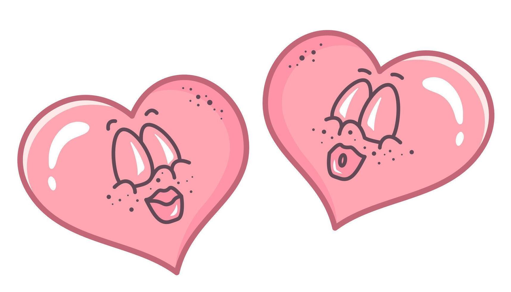 Valentine characters message kiss at each other. Flirting couple. Groovy hearts with Kissing lips. Doodle Hand drawn outline illustration in Retro style. Valentine's Day clipart. illustration vector