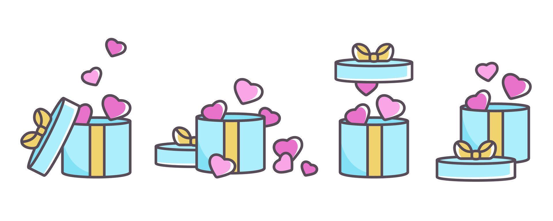 Valentines elements. Gifts icons. Set of gift boxes with open and closed lids . Cartoon Doodle Valentine symbols. Simple outline presents signs with pink hearts and ribbon. cartoon illustration vector