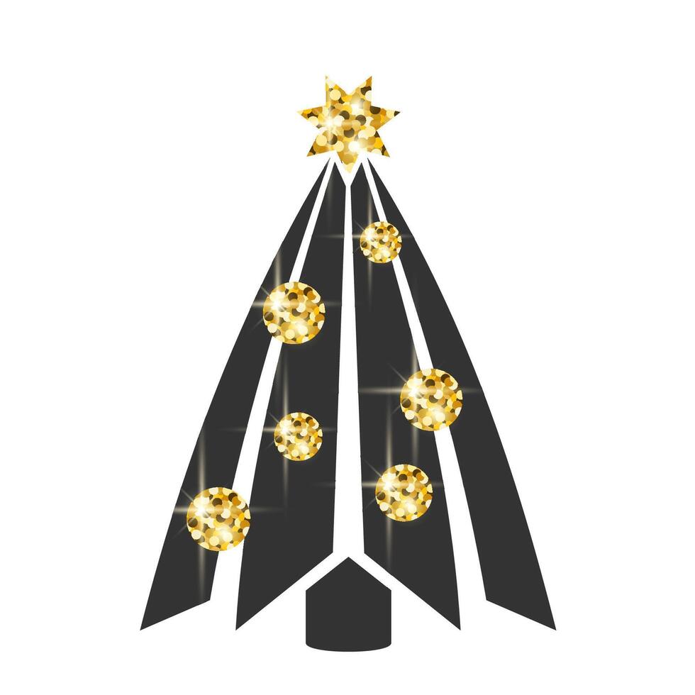 Christmas tree isolated on white background. Silhouette of Xmas pine tree with golden Christmas balls. Christmas tree icon. Minimalist art for card, poster, background. Flat sign for New Year. vector