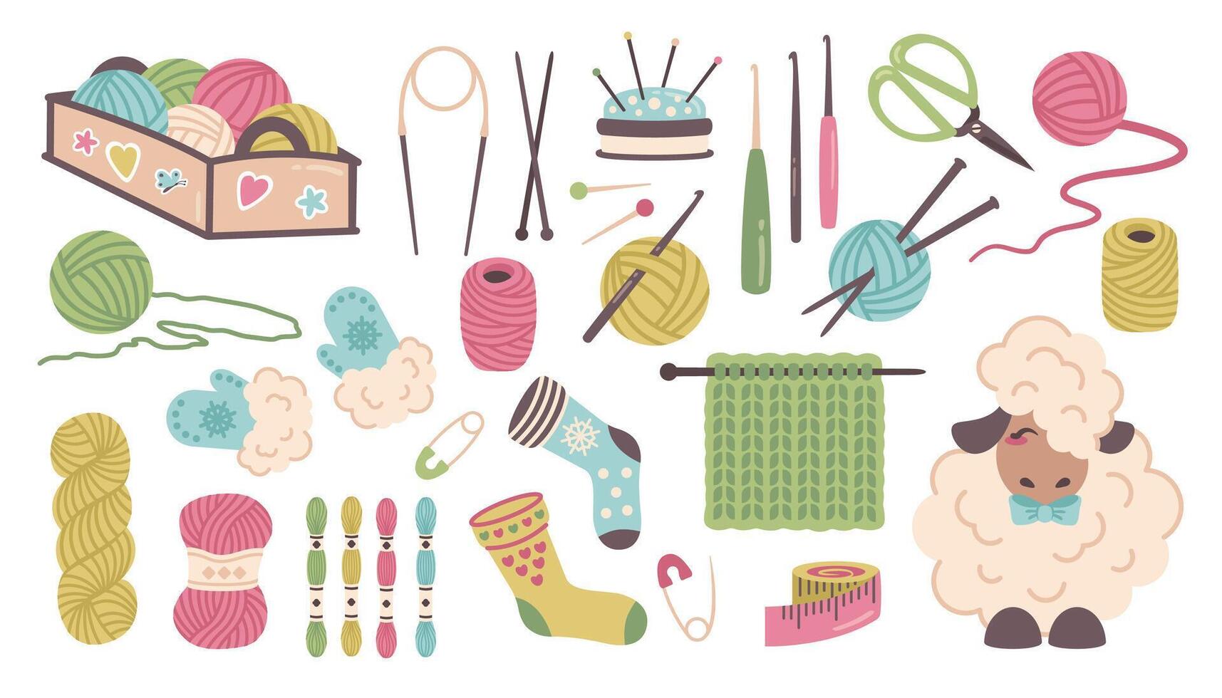 Knitting set. Hand drawn doodle Knitting tools, sewing accessories. Yarn and threads, knitting needles, cartoon sheep, wool ball, skein of wool, scissors, basket, hook, pins. Needlework . vector