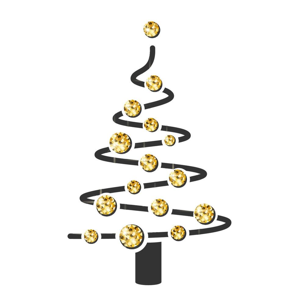 Christmas tree isolated on white background. Xmas tree with gold Christmas balls and glitter. Modern outline pine tree. Christmas tree icon. Minimalist art. Flat illustration vector