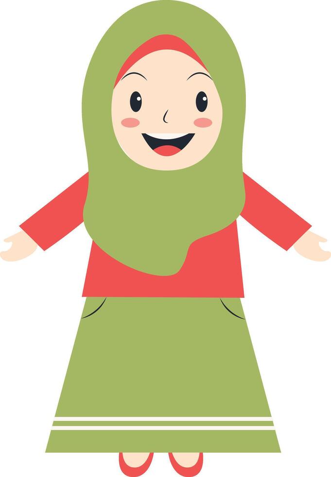 Little Muslim Girl Using Green Hijab and Gamis vector