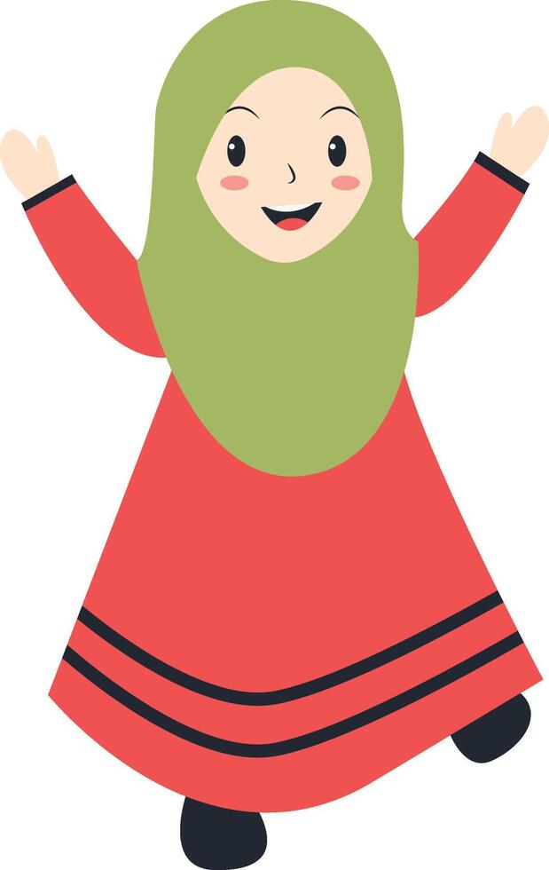 Little Muslim Girl Using Green Hijab and Gamis vector
