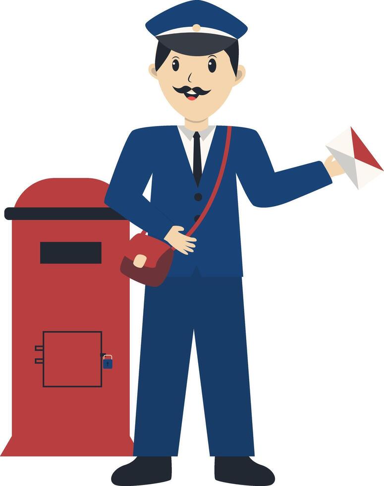 Postman Character Sending Envelope and Post Box vector