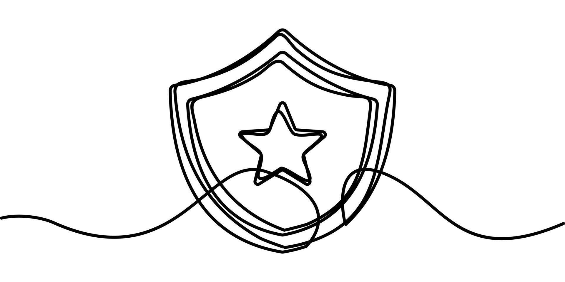 continuous line drawing of shield symbol with stars. abstract line art illustration vector