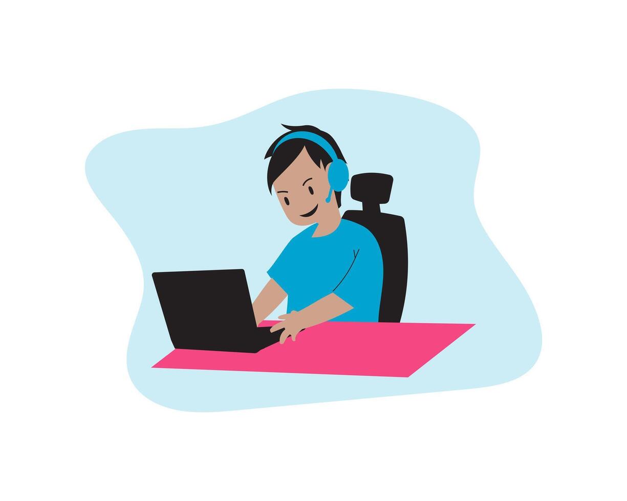 A Boy gaming on Laptop Flat Illustration element graphic vector