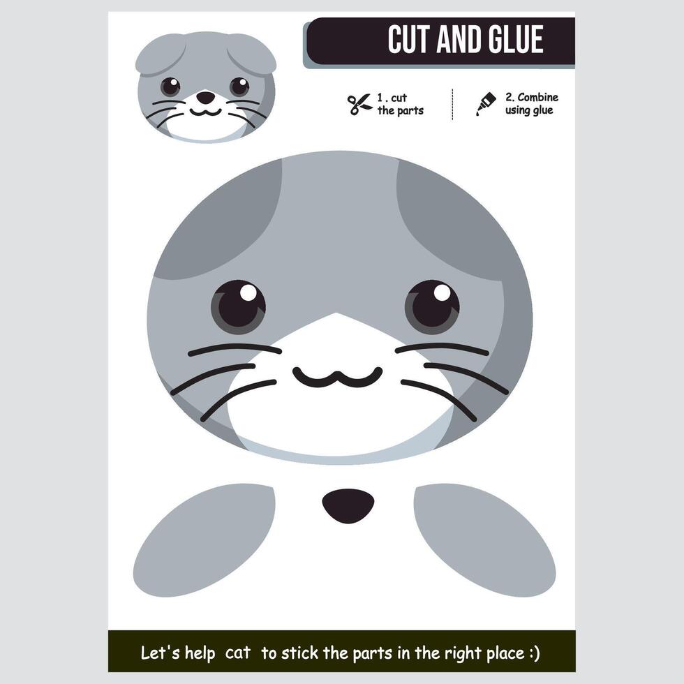 Adorable kitten craft activity to cut and glue for kids' hands-on learning. Education concept vector