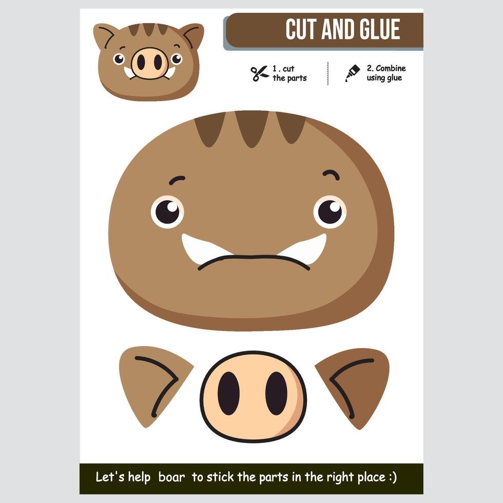 Cartoon boar craft activity to cut, glue, and learn for kids. Education concept vector